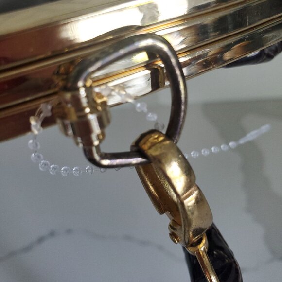 Vintage Brown Croc Evening Bag Clutch Bejewelled Clasp Optional Long Strap - Picture 8 of 12